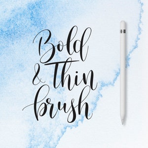 May include: A white background with a blue watercolor wash. The text "Bold & Thin brush" is written in black cursive script. A white Apple Pencil is on the right side of the image.