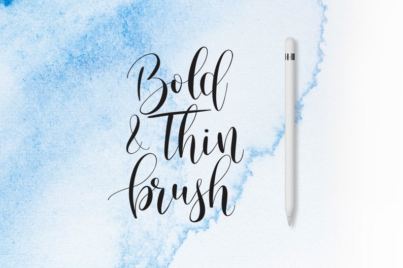 May include: A white background with a blue watercolor wash. The text "Bold & Thin brush" is written in black cursive script. A white Apple Pencil is on the right side of the image.