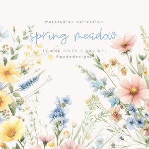 Prairie printanière, clipart aquarelle de fleurs sauvages, prairie aquarelle, cadre floral préfabriqué, clipart bordure, autocollants pour agenda, mariage, téléchargement