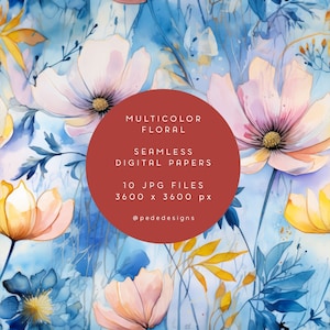 Multicolor aquarel Floral Digital Paper, aquarel tuinpatroon, naadloos papier, moderne bloemen & bladeren, wilde bloemen, downloaden
