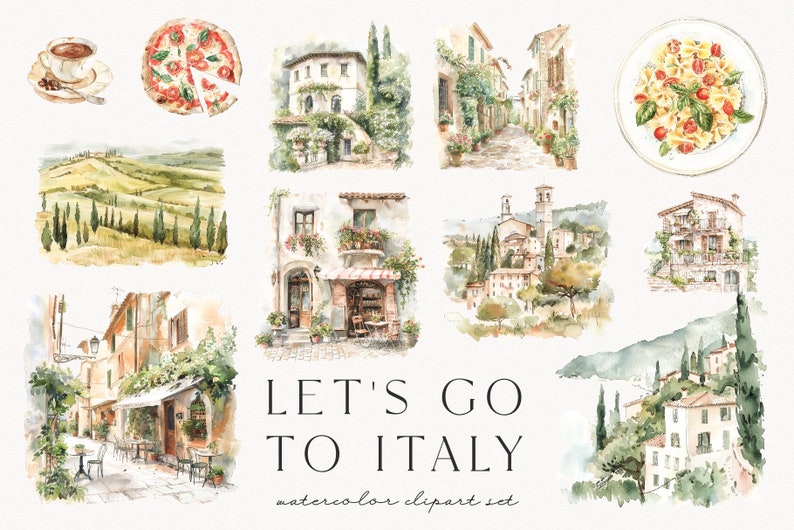 Let's go to Italy, watercolor summer clipart, travel, ancient roman, italian sceneries, italian street, scrapbooking, aesthetic, download image 6