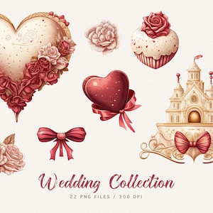 May include: A collection of 22 wedding-themed illustrations, including a heart-shaped wreath of red roses, a cupcake with a red rose on top, a castle, a heart-shaped balloon, and a bow. The illustrations are in a watercolor style and are perfect for wedding invitations, cards, and other projects.