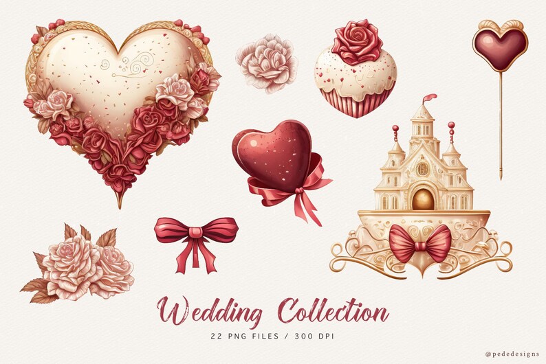 May include: A collection of 22 wedding-themed illustrations, including a heart-shaped wreath of red roses, a cupcake with a red rose on top, a castle, a heart-shaped balloon, and a bow. The illustrations are in a watercolor style and are perfect for wedding invitations, cards, and other projects.
