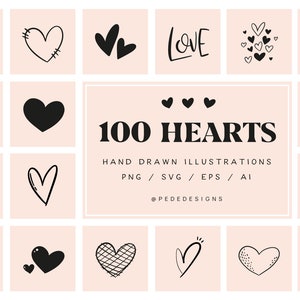 100 elementi cardiaci disegnati a mano, clipart d'amore, file SVG per circuito, silhouette, San Valentino, matrimonio, vettori, download,