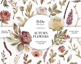Watercolor autumn flowers clip art pack, floral cliparts, watercolor roses, planner stickers, fall illustrations, download
