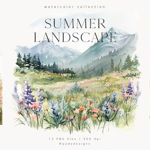 Sommer Landschaft Illustration, Aquarell Wiese, Clipart, Reise PNG Grafiken, Berge, Wildblumen, Blumenfeld, Download