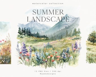 Illustration de paysage d'été, clipart prairie aquarelle, graphiques png de voyage, png d'été, montagnes, fleurs sauvages, champ floral, téléchargement