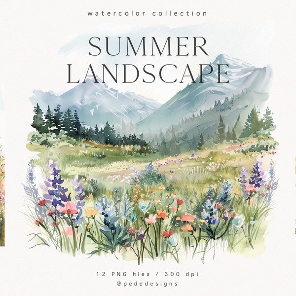 Summer Landscape Illustration, watercolor meadow clipart, travel png graphics, summer png, mountains, wild flowers, floral field, download