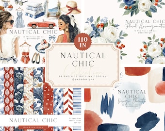 Nautical Chic Clipart Bundle | Coastal Summer Collection | French Riviera Style | Beach Fashion Girls, Seaside Patterns & Elements
