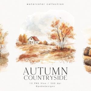Conjunto de imágenes prediseñadas de campo otoñal, paisaje de acuarela, paisaje de otoño en acuarela, imágenes prediseñadas de otoño, cottagecore, calabaza, campo de otoño, descarga
