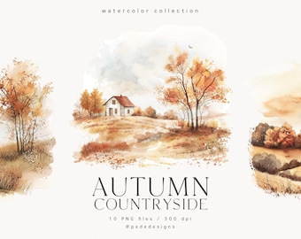 Autumn Countryside Clip Art Set, watercolor landscape, watercolor fall scenery, autumn clipart, cottagecore, pumpkin, fall field, download