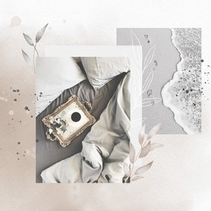 May include: A collage of images with a watercolor background. The collage includes a bed with white bedding, a gold framed mirror, a beach scene with white sand and waves, and a leafy branch. The text "saturday mood" is written in cursive on the right side of the image.