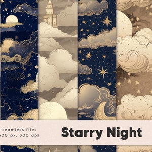 Carta digitale notte stellata, confezione di carta digitale vivaio, modello di cielo notturno senza soluzione di continuità, stelle d'oro, notte magica, arte celeste, download