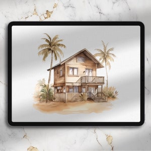 May include: Watercolor illustration of a two-story wooden house with a brown roof, surrounded by palm trees. The house has a balcony and a porch with steps leading up to the front door. The illustration is painted in shades of brown, beige, and green.