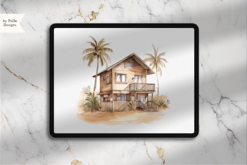 May include: Watercolor illustration of a two-story wooden house with a brown roof, surrounded by palm trees. The house has a balcony and a porch with steps leading up to the front door. The illustration is painted in shades of brown, beige, and green.