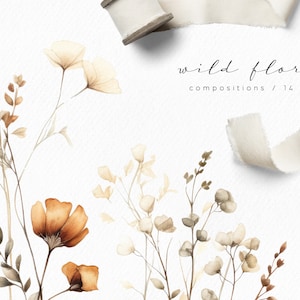Pacote de clipart de flores silvestres em aquarela, floral em aquarela, buquê floral, clipart pré-fabricado, adesivos de planejador, ilustração de casamento, download