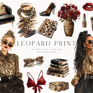 May include: Watercolor illustration featuring various leopard print items, including a chair, coffee cup, high heels, vase, lipstick, and a notebook. The image also includes two women wearing leopard print blouses and sunglasses. The text "LEOPARD PRINT" is displayed.