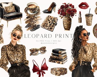 Watercolor Leopard Print Clipart: Fashion Girl Graphics (Digital Download, 300 DPI PNGs