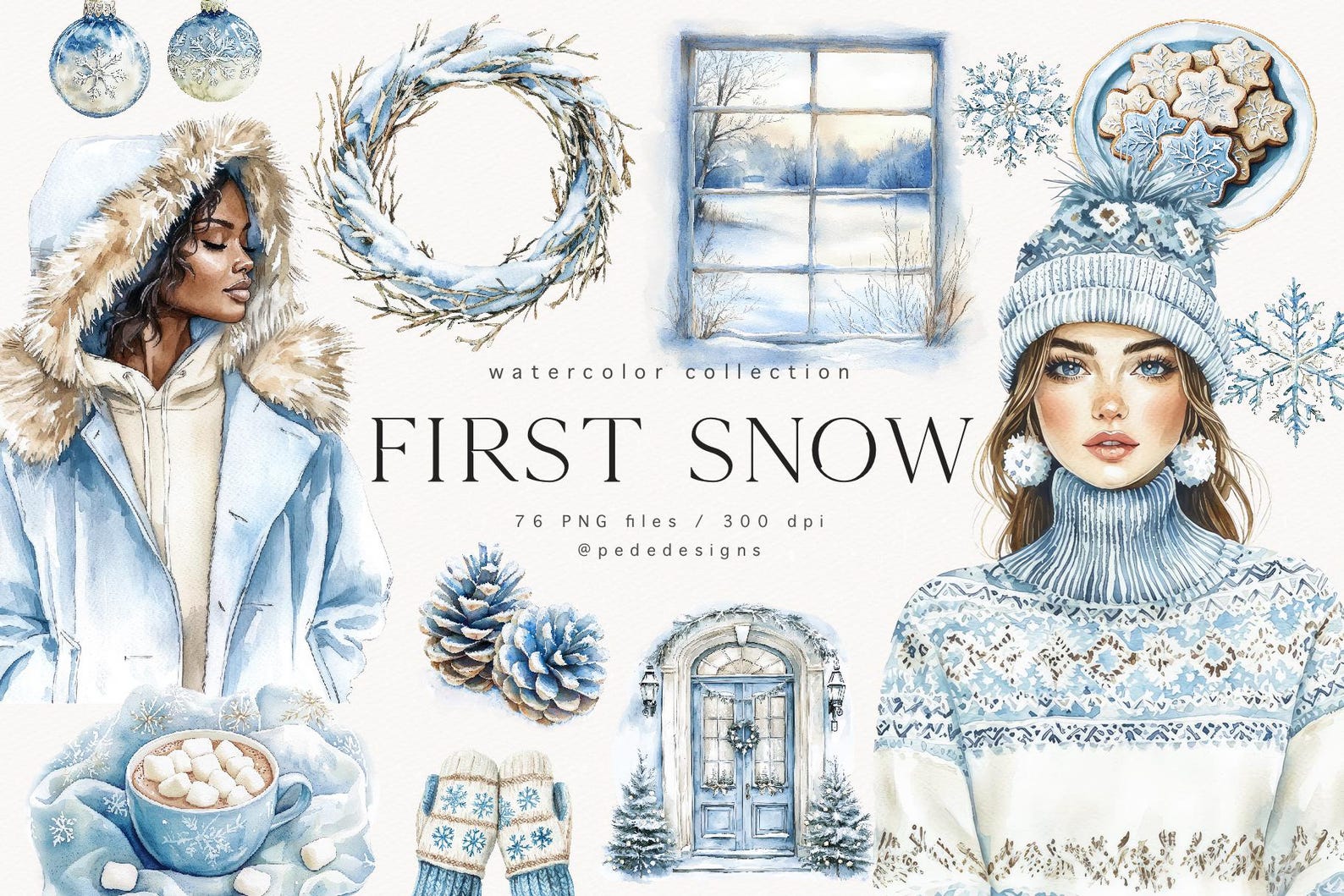First Snow Watercolor Clipart Bundle, Winter Elements & Landscape PNG ...