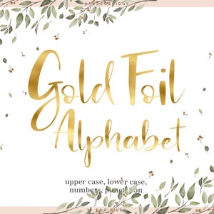 Clipart d'alphabet de feuille d'or, alphabet numérique de feuille d'or, clipart de lettres, ponctuation d'or, nombres d'or, téléchargement