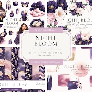 Coleção Night Bloom, biblioteca de clipart, ilustrações em aquarela, papéis digitais sem costura, png roxo, céu noturno, design floral, download