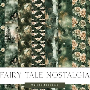 Fairy Tale Nostalgia Digital Paper Pack, Planer Girl, Fantasy Papiere, Muster, ohne Rahmen, Wald, Motten, Grün & Gold, Download