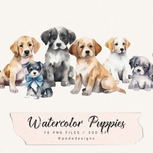 Image clipart chiots aquarelle, clipart chien, illustration chiot, graphiques chiens, animal aquarelle, chiot avec noeud papillon, portrait de chien, téléchargement