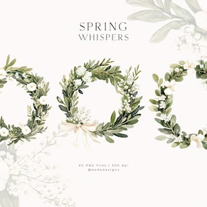 May include: Three watercolour wreaths featuring white flowers and green leaves. The wreaths are arranged in a row, with the middle wreath slightly larger than the other two. The text "SPRING WHISPERS" is written above the wreaths.