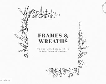 Hand drawn frames & wreaths clip art, wedding design element, meadow flowers, floral wedding clip art, wild flowers, logo design, download