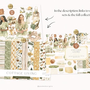 May include: Two paper sets with the text "Cottage Living" and illustrations of women, dogs, and garden elements. The sets include patterned papers with floral and butterfly designs, and the text "In the description: links to matching sets & the full collection".