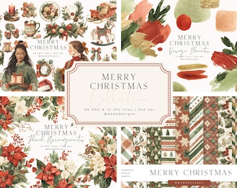 Colección Feliz Navidad, Clipart de Acuarela Navideña: Clipart de Temporada, PNG Floral, Patrones Sin Costuras (Descarga Digital)