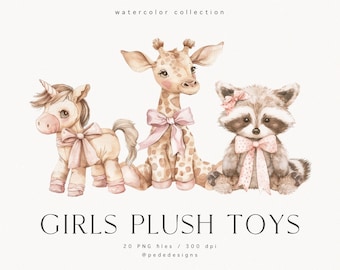 Girls Plush Toys Clip Art Set, vintage watercolor clipart, plush animals, nursery png graphics, baby shower party, it's a girl, download