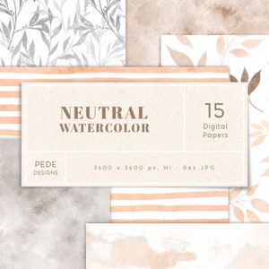 Pack de papier numérique aquarelle neutre, texture aquarelle, beige, gris, papier imprimable, papiers de planificateur, feuilles, éclaboussures, rayures, téléchargement