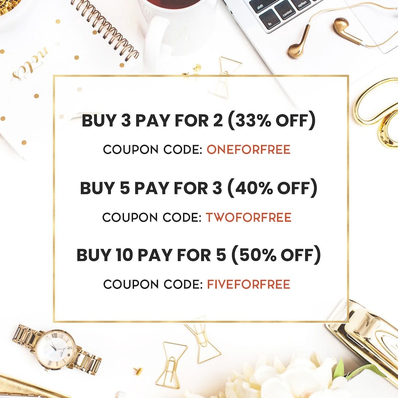 May include: A gold-framed graphic with a white background and black text. It lists three different discount offers for buying multiple items. The offers are: Buy 3 Pay for 2 (33% off), Buy 5 Pay for 3 (40% off), and Buy 10 Pay for 5 (50% off). Each offer includes a coupon code: ONEFORFREE, TWOFORFREE, and FIVEFORFREE.