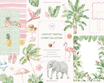 May include: Watercolor clipart collection featuring tropical elements. Includes illustrations of a tiger, parrot, flamingo, elephant, and monkey. Also includes palm trees, a pineapple, a bikini, and a cocktail. The text reads "Whimsy Tropical Clipart Collection".