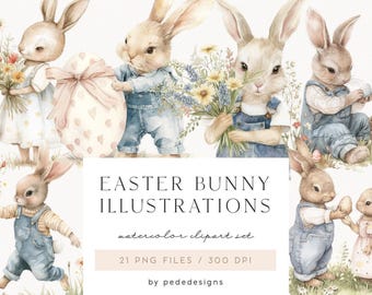 May include: A collection of watercolor illustrations featuring rabbits in blue denim overalls and dresses, holding bouquets of wildflowers and Easter eggs. The text reads EASTER BUNNY ILLUSTRATIONS, watercolor clipart set, 21 PNG FILES / 300 DPI, by pededesigns.