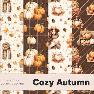 May include: A set of 12 digital seamless patterns featuring autumn themes. The patterns include pumpkins, leaves, a woman with a cup of coffee, a lantern, a pie, and a tree. The patterns are in warm colors like brown, orange, and yellow. The text "Cozy Autumn" is displayed at the bottom of the image.