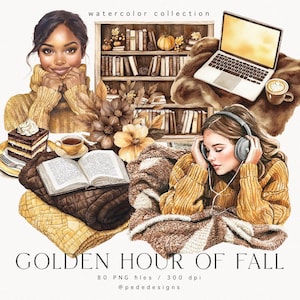 Golden Hour Of Fall Clipart Bundle, clipart aquarela, café de outono, gráficos de outono, buquê, png aconchegante de outono, outono aquarela, baixar
