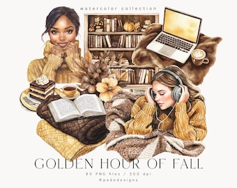Paquete de imágenes prediseñadas de la hora dorada del otoño, imágenes prediseñadas de acuarela, café otoñal, gráficos de otoño, ramo, png de otoño acogedor, otoño de acuarela, descargar