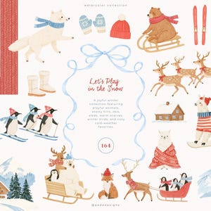 May include: A digital collection of watercolor winter illustrations featuring a white fox, a bear on a sled, reindeer, penguins on skis, a llama in a sweater, a fox, a cabin, and winter accessories with the text Let's Play in the Snow.