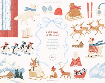 Winter Animals Clipart Bundle with Watercolor Snow Animals, Skiing Penguins, Winter Landscape, Frames & Seamless Patterns