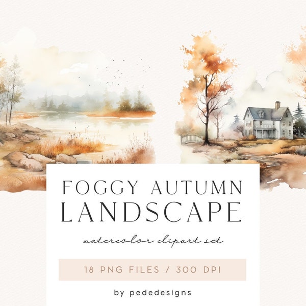 Foggy Autumn Landscape, watercolor autumn clipart, fall scenery graphics, forest, mountains, misty autumn landscape, woodland, download