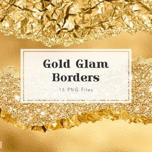 ClipArt con bordi glam dorati, carta strappata dorata, sovrapposizione dorata, struttura metallica, elementi di design, formato png, bordi glitterati, download