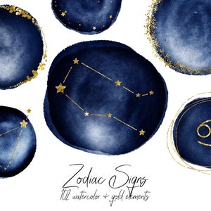 Gold Zodiac Signs clip art, brillo y papel de aluminio, acuarela azul marino, constelaciones del zodíaco, imágenes prediseñadas de astrología, descargar
