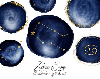 Gold Sternzeichen Clip Art, Glitter & Folie, marineblau Aquarell, Sternzeichen Konstellationen, Astrologie Cliparts, Download
