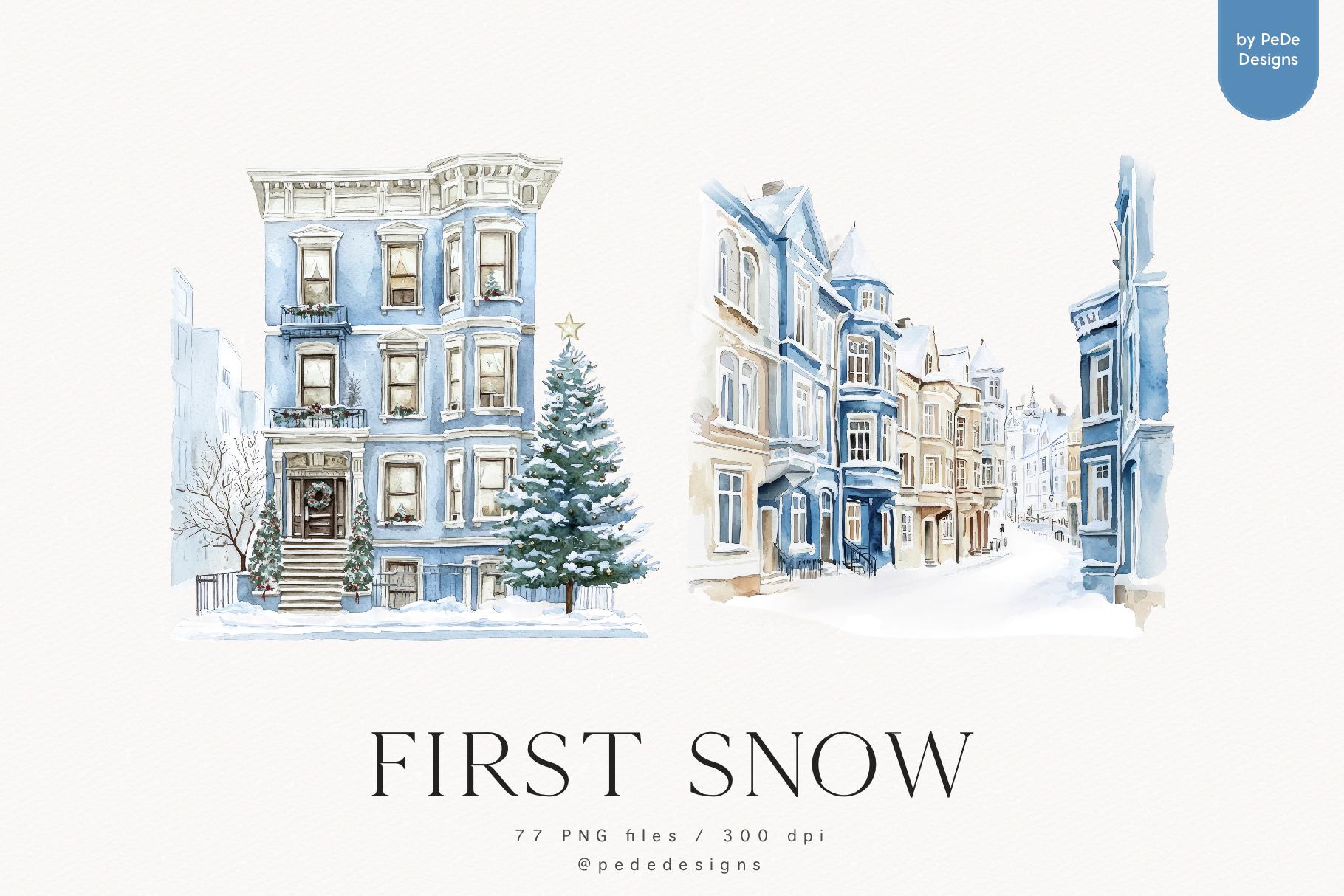 First Snow Watercolor Clipart Bundle, Winter Elements & Landscape PNG ...