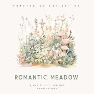 Romantic Meadow, watercolor wild flowers clipart, watercolor meadow border, wedding floral border, flowers png clipart, download