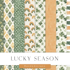 Peut inclure: Une collection de papiers numériques sans couture avec divers motifs dans les tons de vert, or et blanc. Les motifs comprennent des rayures, des motifs floraux, des pois, des losanges, des arcs-en-ciel, des trèfles et du plaid. Le texte "LUCKY SEASON" est affiché.