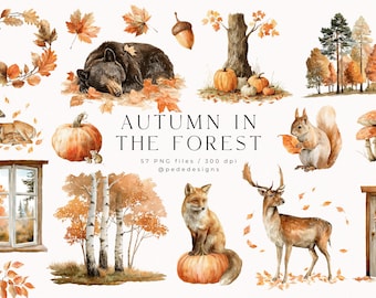 Watercolor Autumn Forest Animals Clipart: Fall Leaves, Pumpkin (PNG Download)