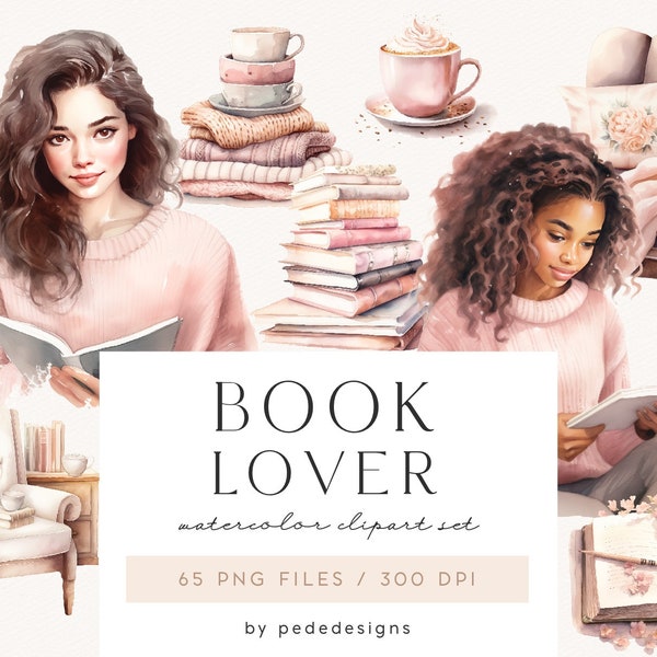 Book Lover Clipart, aquarelle confortable clipart, jolie fille clipart, tasse à café, fauteuil png, livres clipart, rose et fard à joues, doux, téléchargement